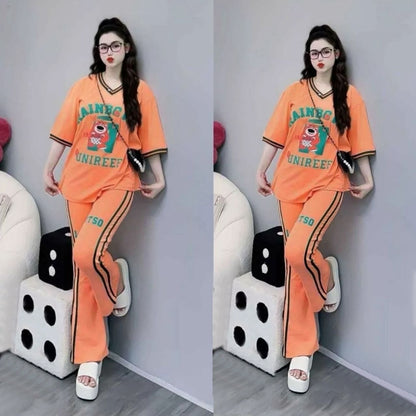 Short Sleeve Fashion Printed Pattern T-shirt & Pants for Women