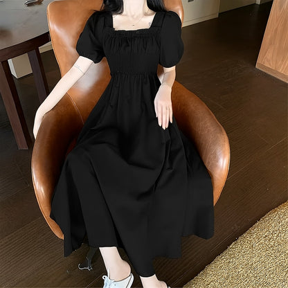 Puff Sleeve Fashion Solid Short Sleeve Dress for Women