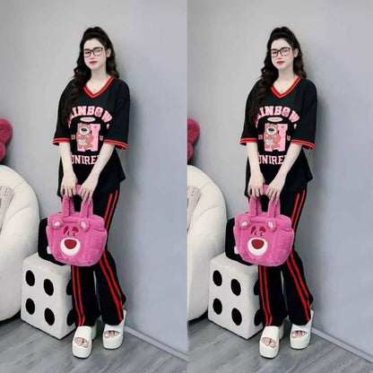 Short Sleeve Fashion Printed Pattern T-shirt & Pants for Women