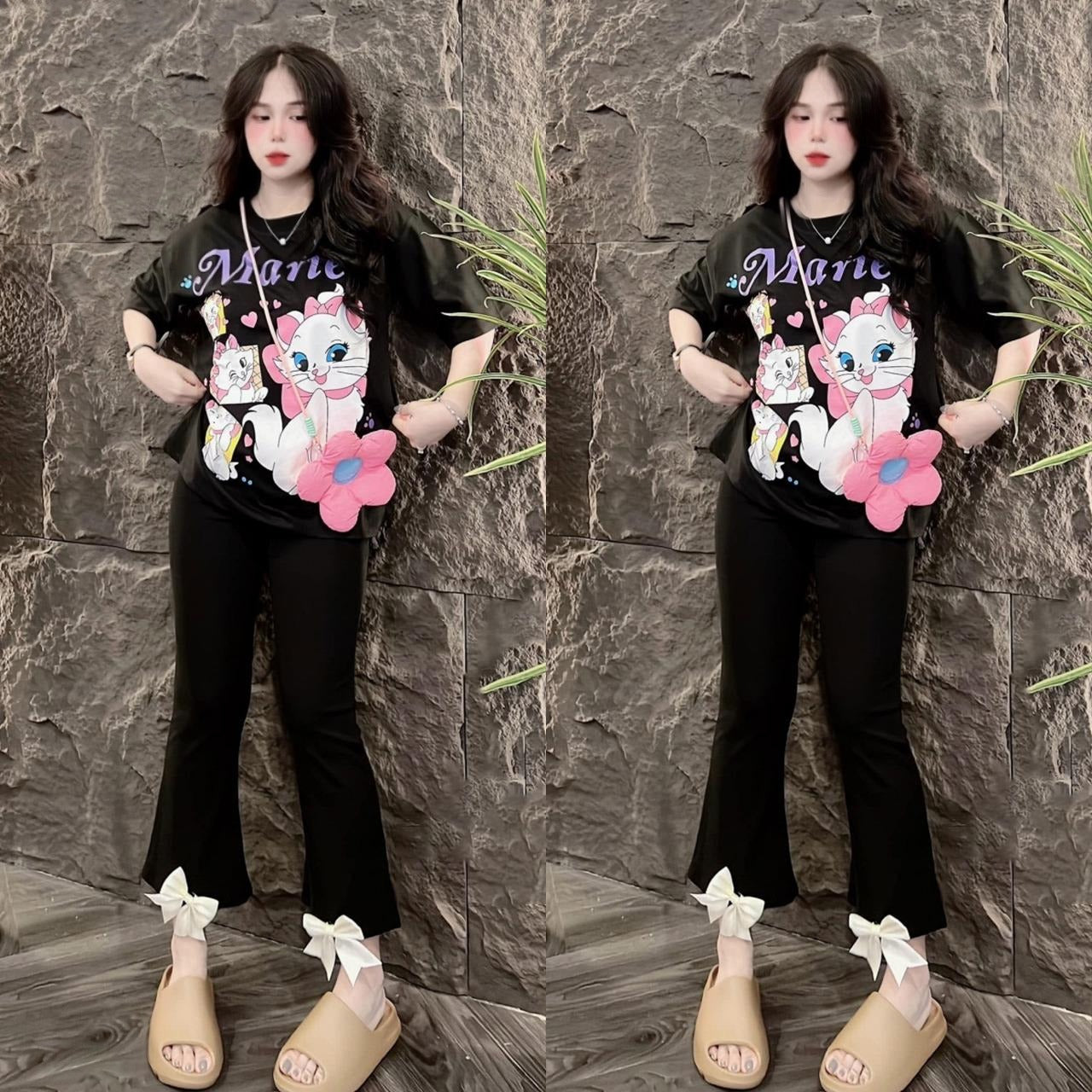 Cartoon Printed Fashion Short Sleeve T-shirt & Pant for Women