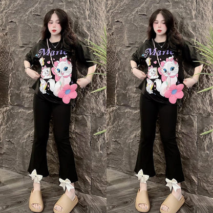 Cartoon Printed Fashion Short Sleeve T-shirt & Pant for Women