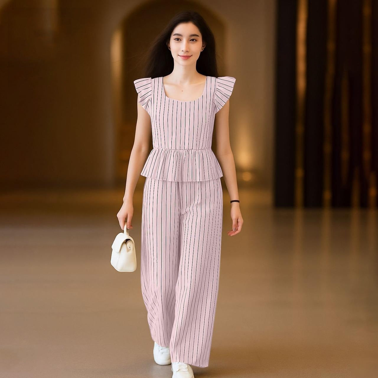 Striped Pattern Office Fashion Party Wear Wide Leg Pant & Suit Set for Women