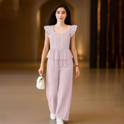 Striped Pattern Office Fashion Party Wear Wide Leg Pant & Suit Set for Women