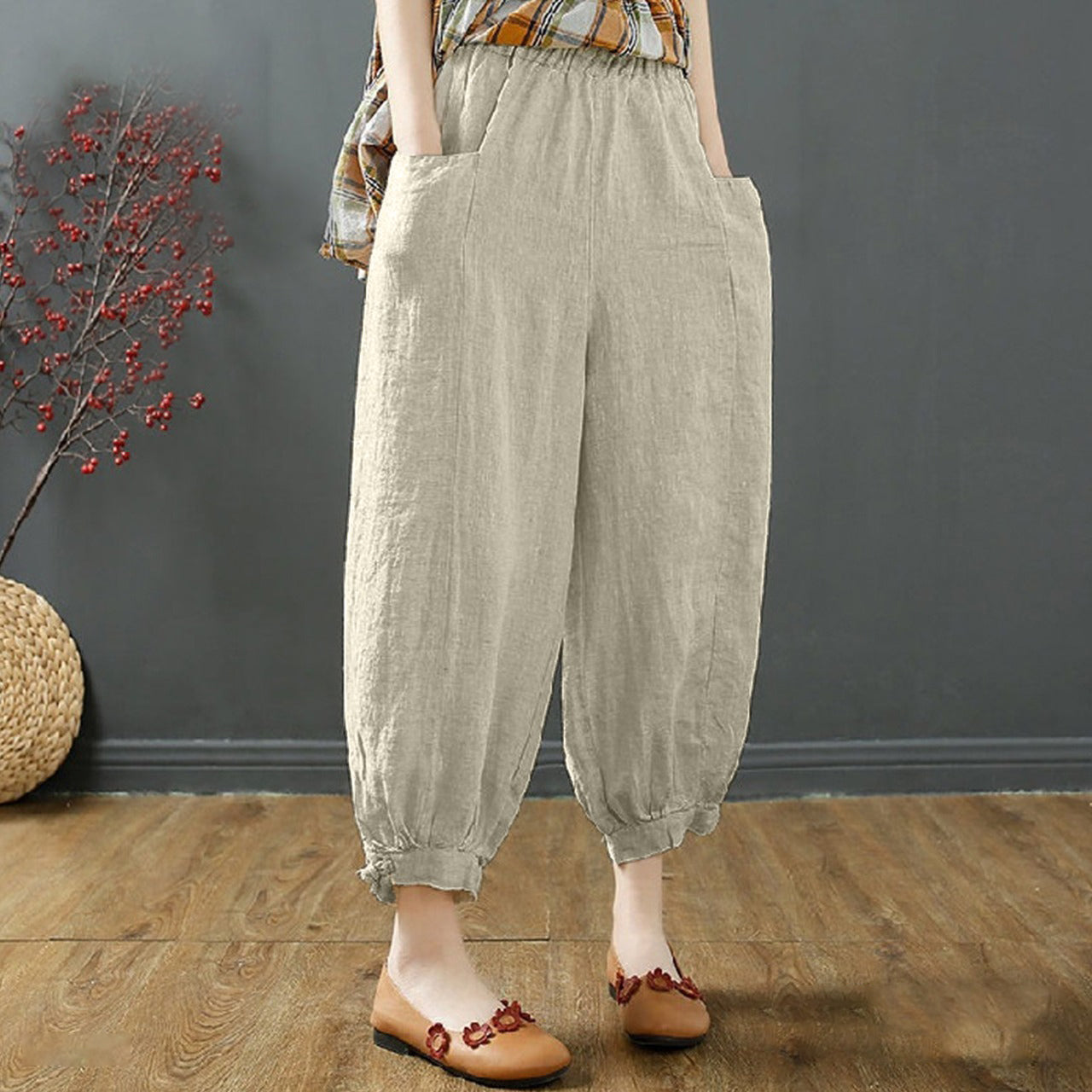 Vintage Style Ankle Wide Length Casual Harem Pants for Women