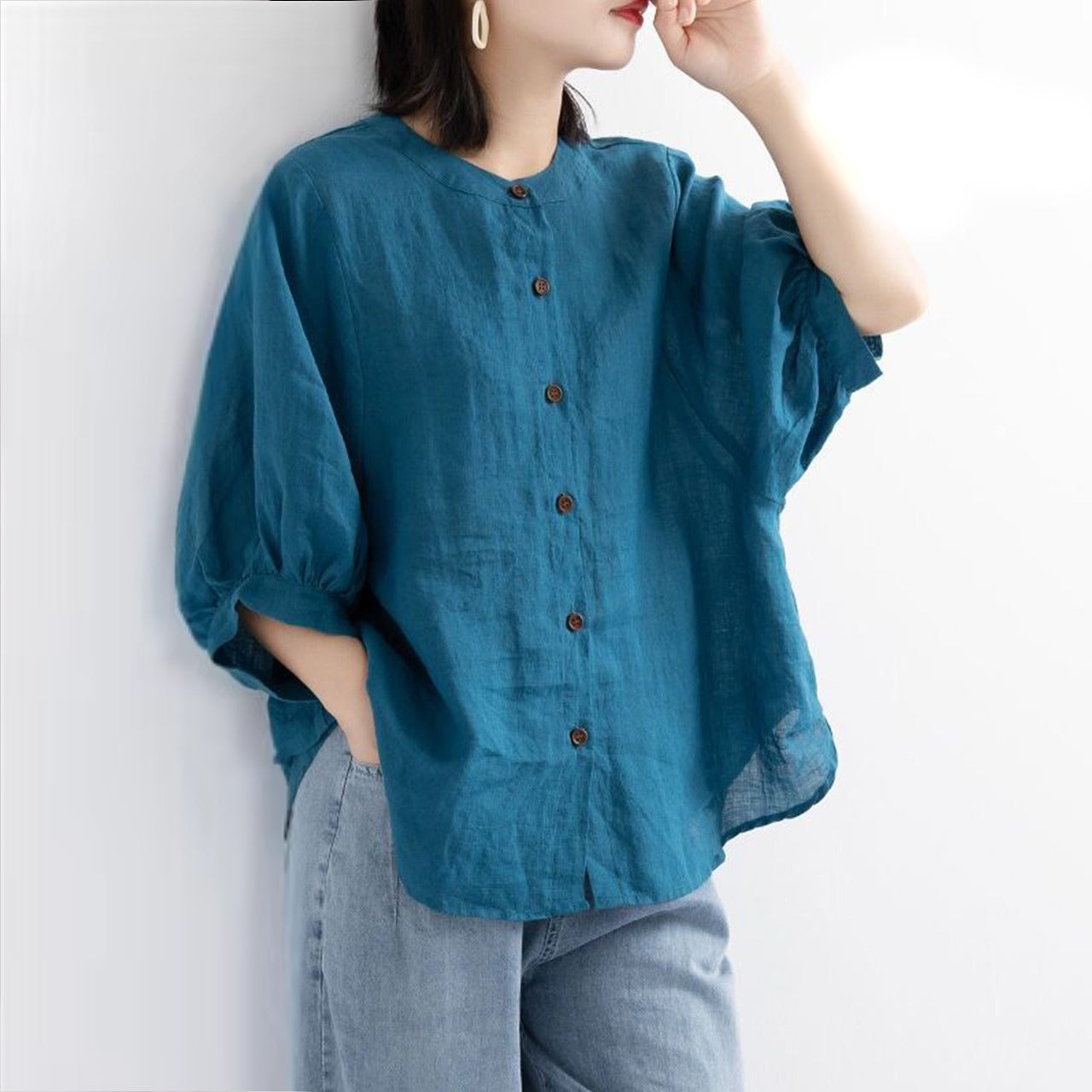 Solid Color Puff Sleeve Linen Shirt for Women