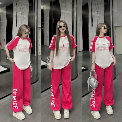 Printed Korean Fashion Short Sleeve T-shirt & Pants for Ladies
