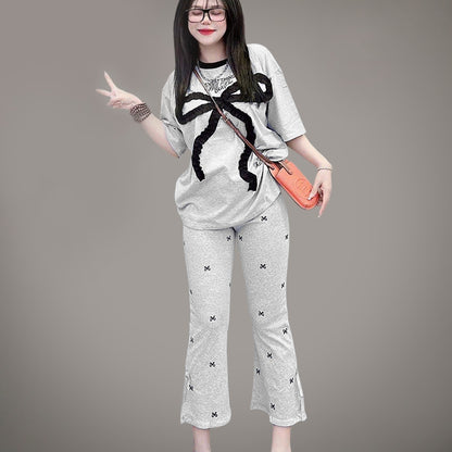 Design Pattern Short Sleeve T-shirt & Wide Leg Pant for Women