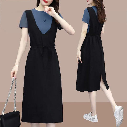 Fashion Loose Fit Mid-Length Drawstring Style Suspender Dress for Girls
