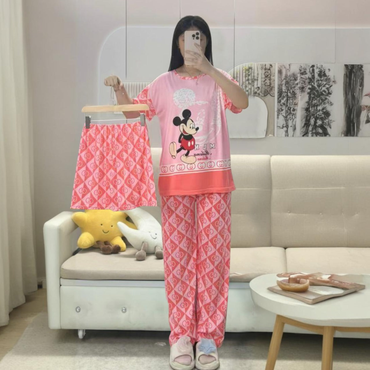 Mickey Mouse Pattern Pajama Top & Pants for Girls