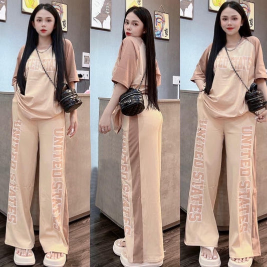 Latest Fashion Letter Pattern Oversized T-shirt & Wide Leg Pant for Women