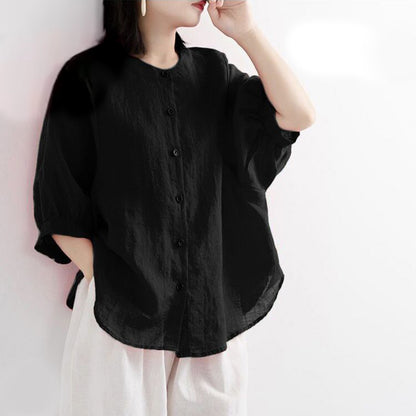 Solid Color Puff Sleeve Linen Shirt for Women