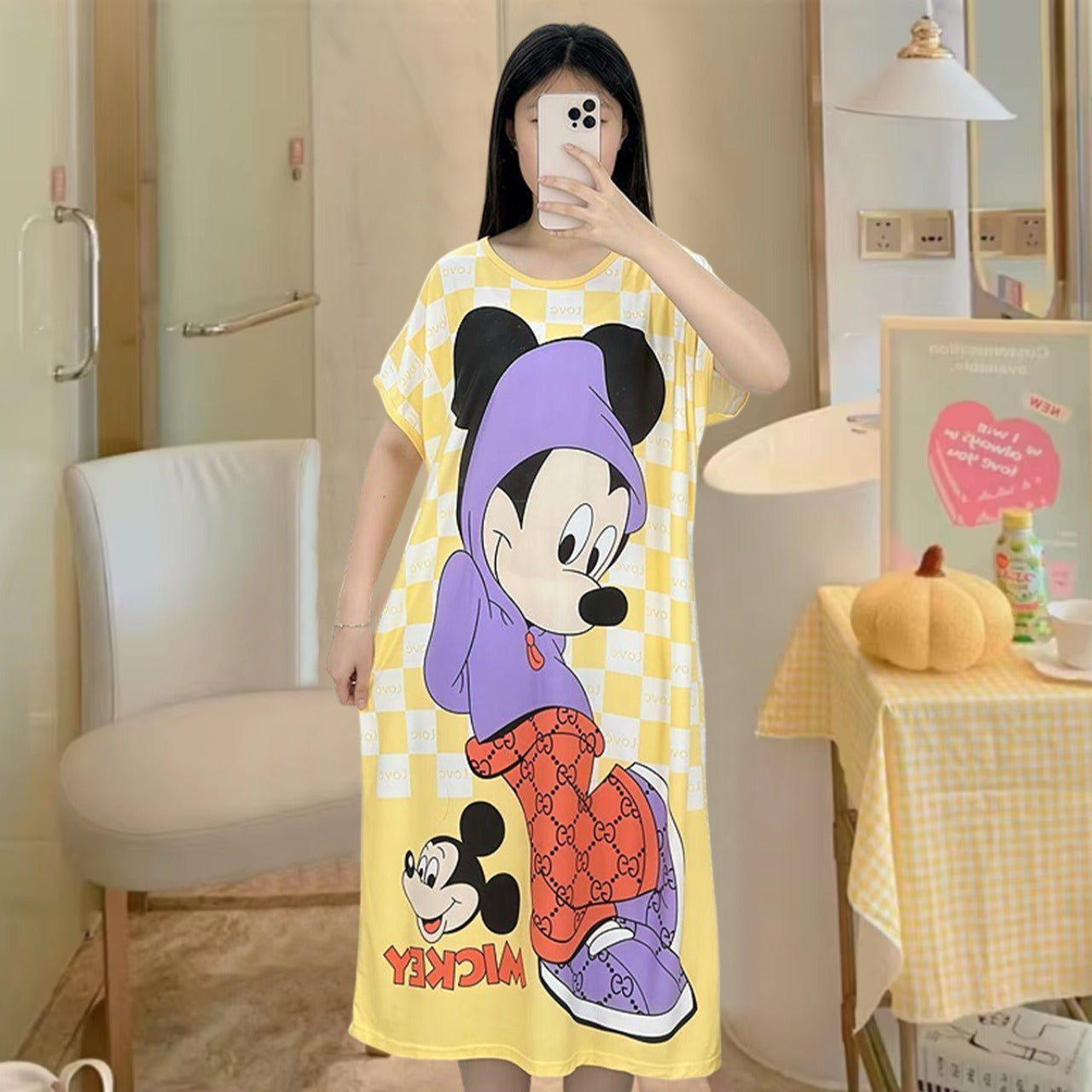 Cartoon Printed Round Neck Fashion Long Top for Ladies