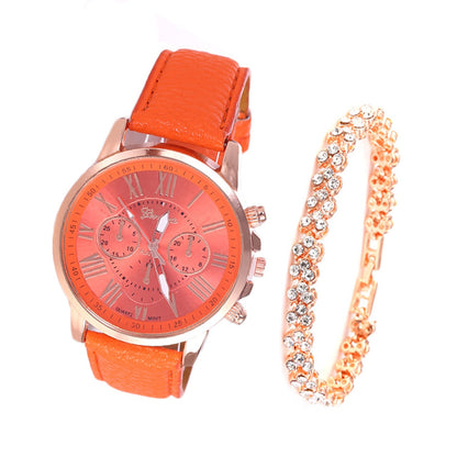 Roman Dial Style Solid Strap Wrist Watch & Bracelet for Women