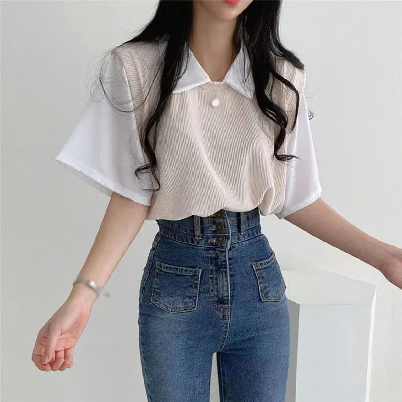 Vintage Style Turn Down Collar Fake Two Piece Loose Fit Student Shirt