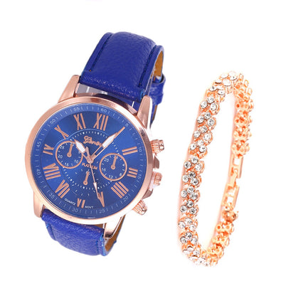 Roman Dial Style Solid Strap Wrist Watch & Bracelet for Women