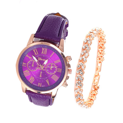 Roman Dial Style Solid Strap Wrist Watch & Bracelet for Women