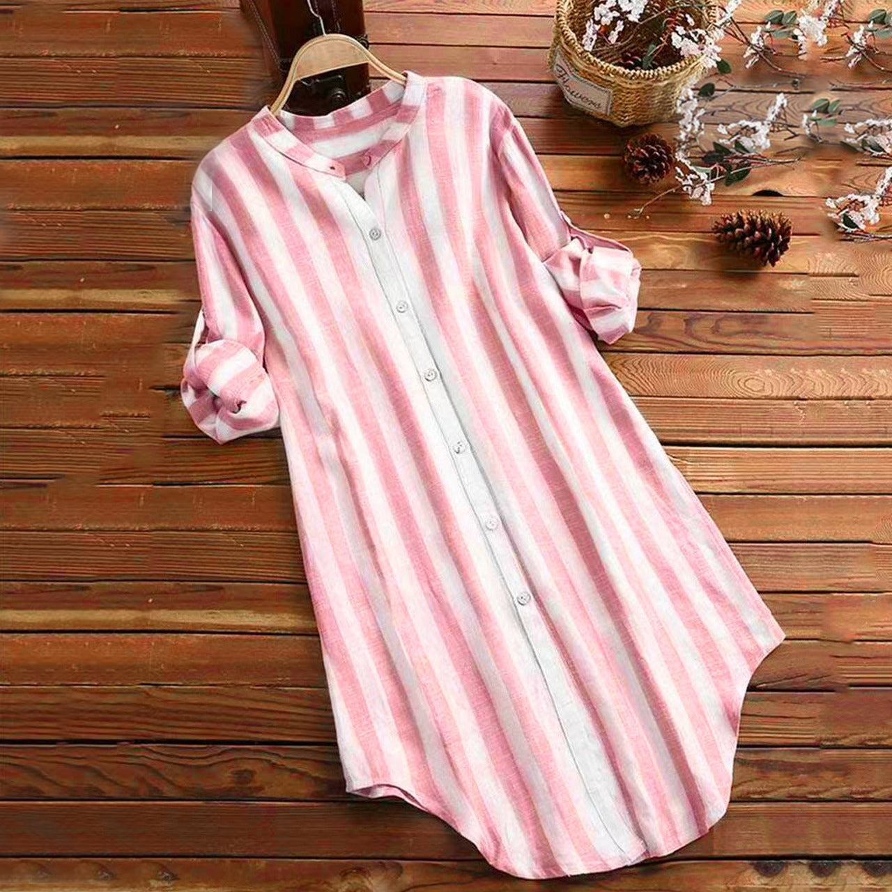 Elegant Striped Pattern Cotton Long Shirt for Women