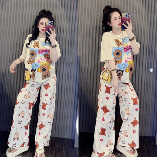 Printed Fashion Short Sleeve T-shirt & Wide Leg Pant for Women