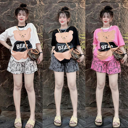Bear Pattern Short Sleeve T-shirt & Shorts for Women