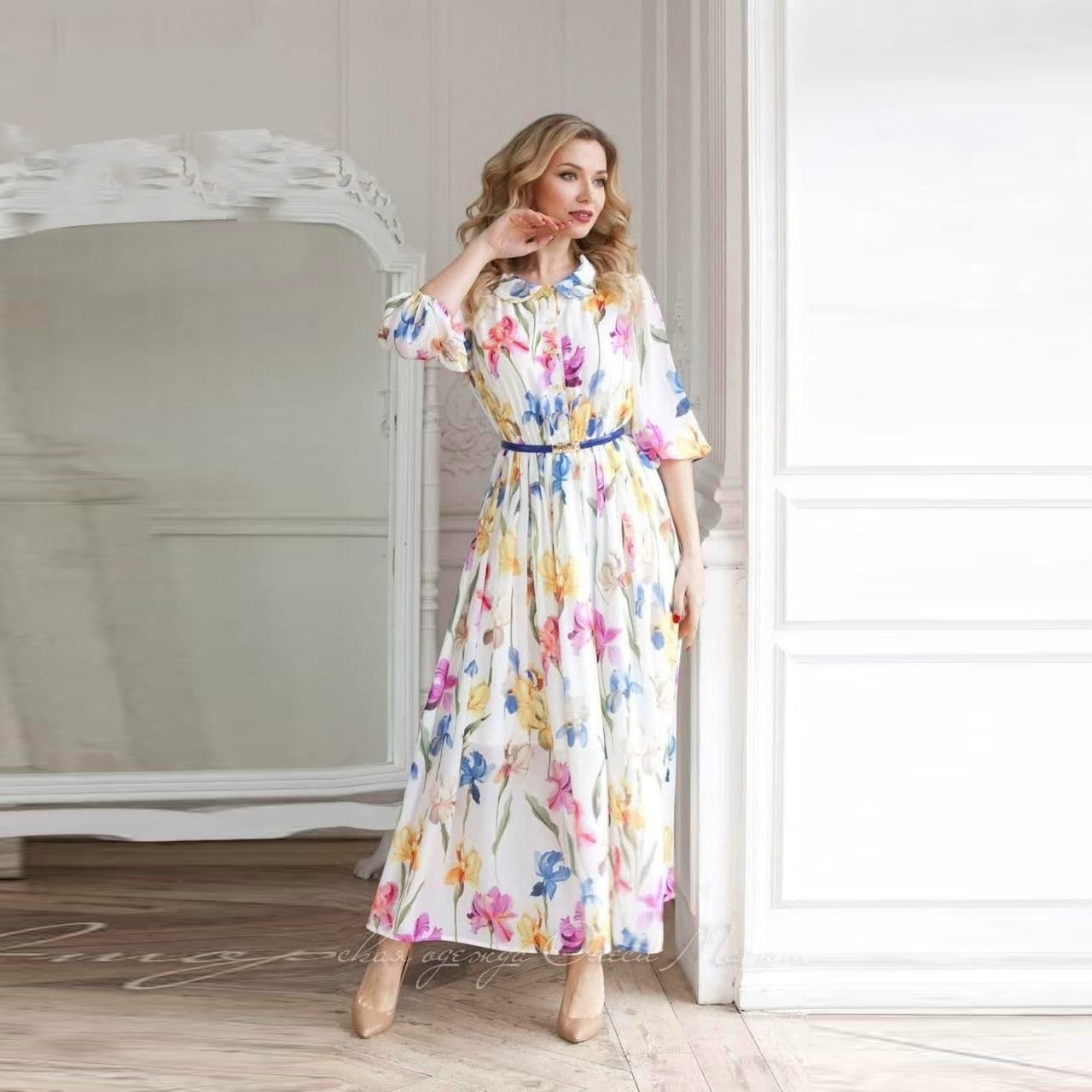 Autumn Fashion Floral Printed Casual A line Long Dress for Women