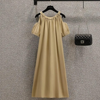 Cold Shoulder Solid Casual French Midi Skirt Dress for Women