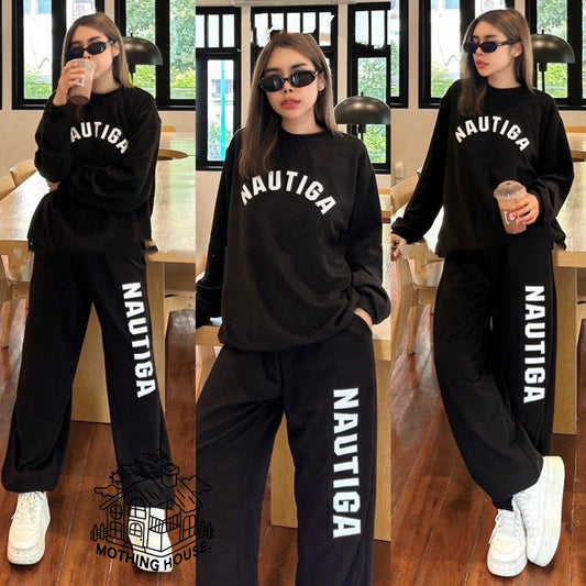 Solid Color Text Printed Fashion Sweatshirt & Pant