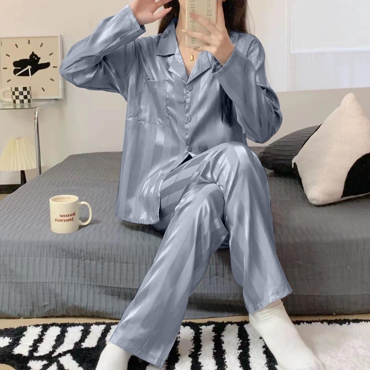 Silik Satin Striped Fashion Pajama for Ladies