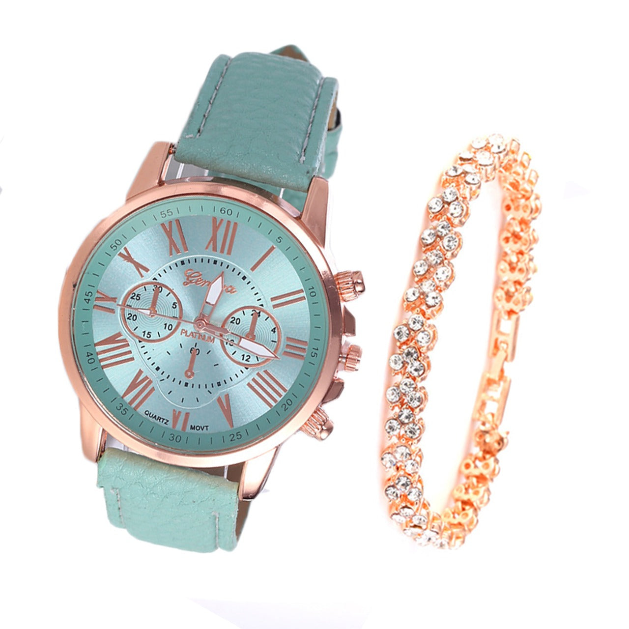 Roman Dial Style Solid Strap Wrist Watch & Bracelet for Women