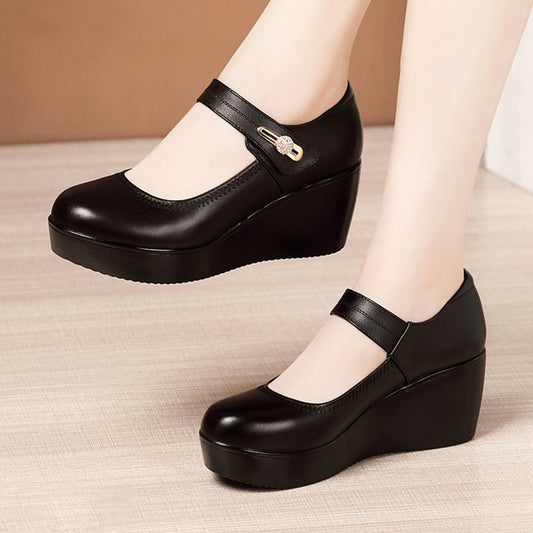 Buckle Strap Design Solid Color Leather Wedge Heel Shoes for Women