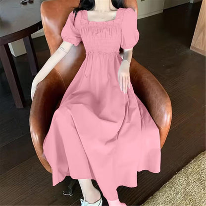 Puff Sleeve Fashion Solid Short Sleeve Dress for Women