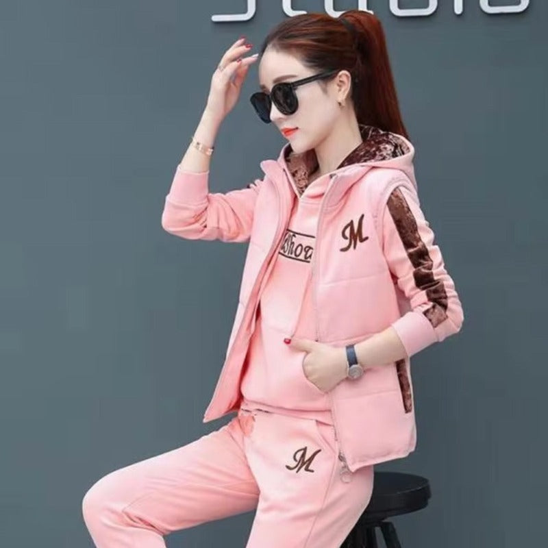 Printed Fashion Hoodies Plush Tracksuit Set for Women