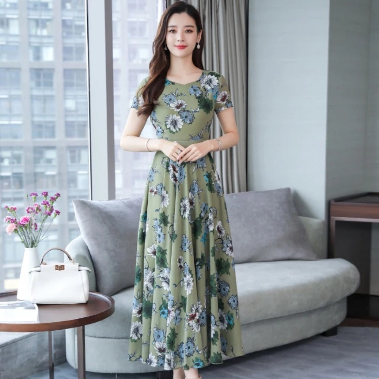 Floral Design Pattern A Line Dress for Women