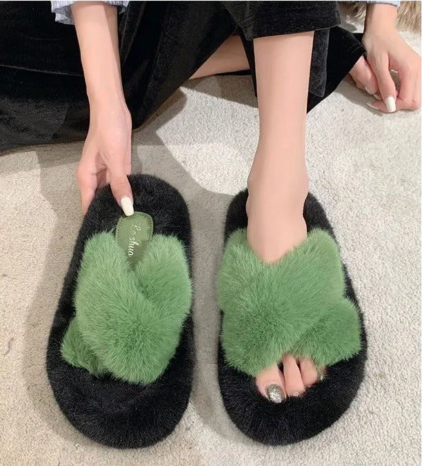 Open Toe Cross Strap Comfortable Warm Faux Fur Sandals for Women