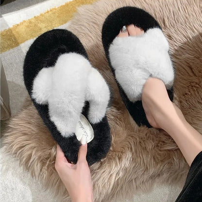 Open Toe Cross Strap Comfortable Warm Faux Fur Sandals for Women