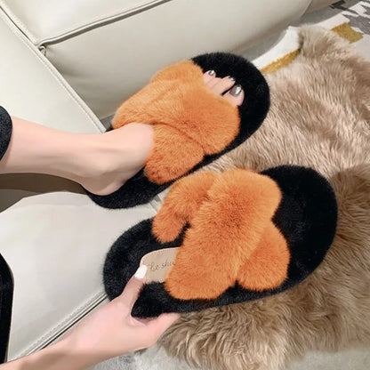 Open Toe Cross Strap Comfortable Warm Faux Fur Sandals for Women