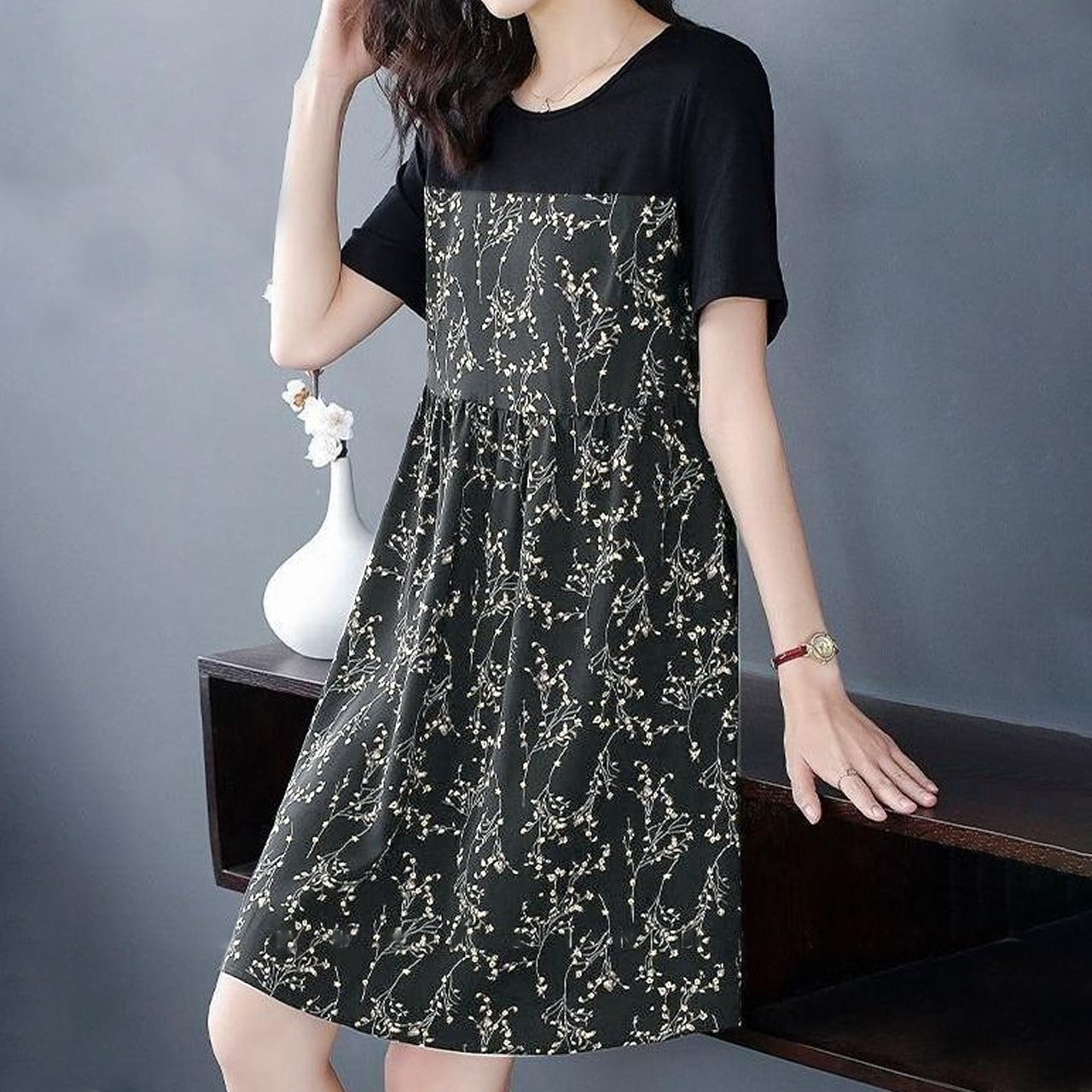 Fashion Printed Short Sleeve Casual Midi Dress for Women