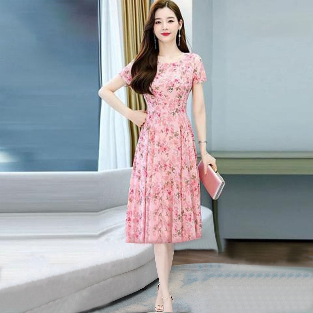 Floral Printed Korean Fashion Maxi Style Long Dress for Women