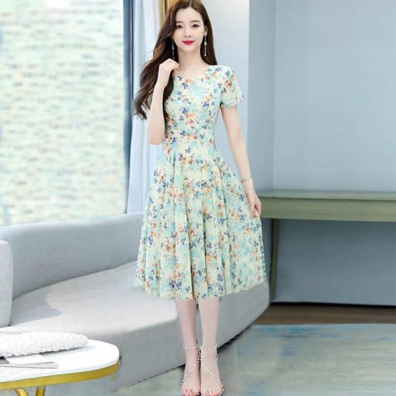 Floral Printed Korean Fashion Maxi Style Long Dress for Women