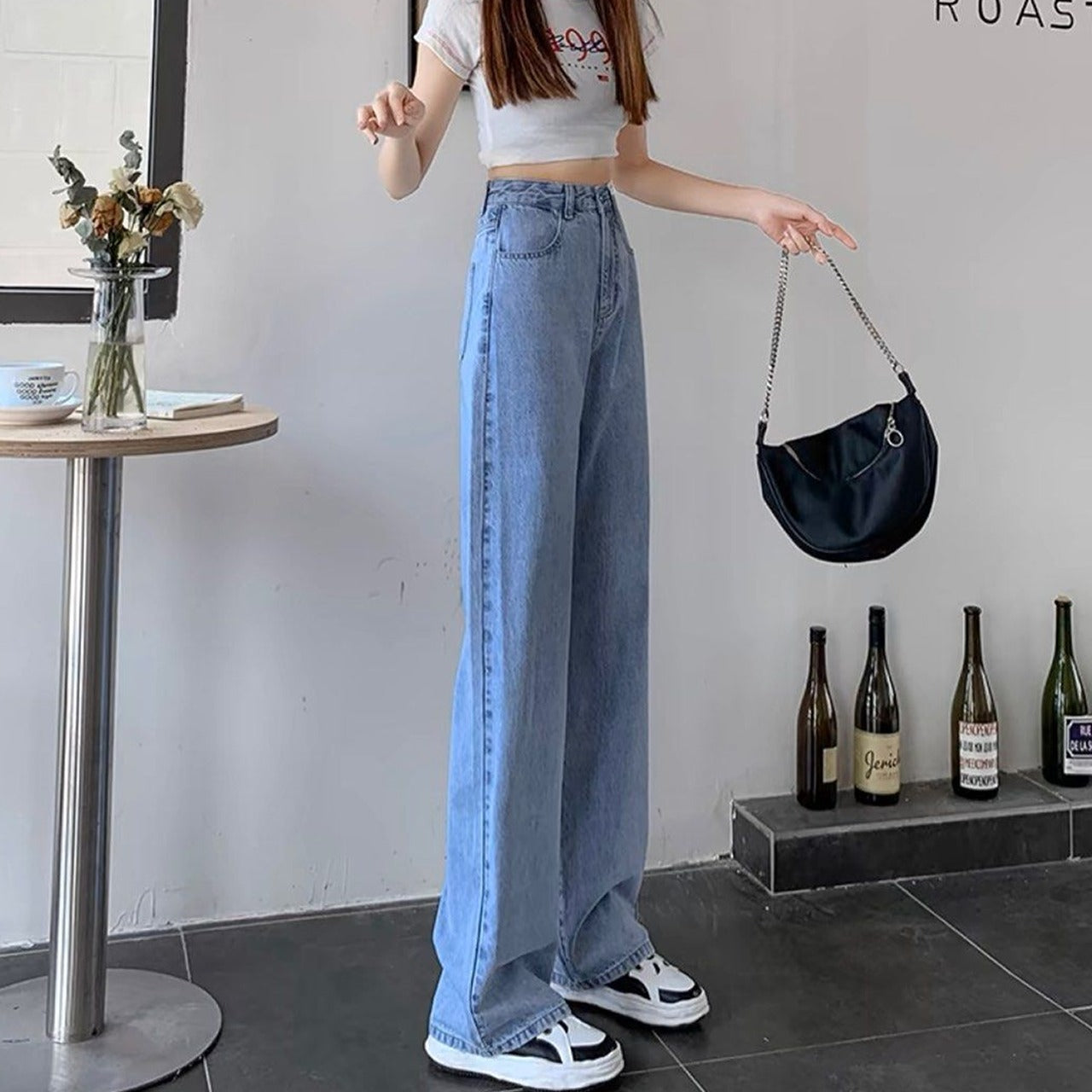 Solid Color Spring Summer Style Wide Leg Jeans Pant for Women