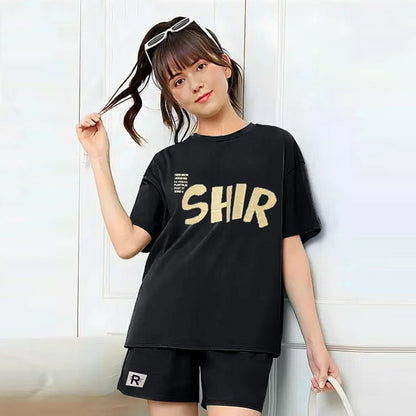 Text Printed Fashion Casual Oversized Round Neck T-shirt & Shorts