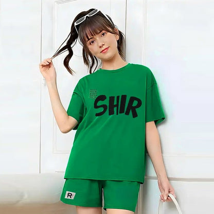 Text Printed Fashion Casual Oversized Round Neck T-shirt & Shorts