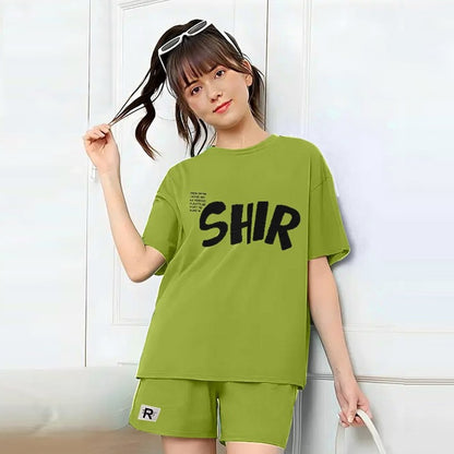 Text Printed Fashion Casual Oversized Round Neck T-shirt & Shorts