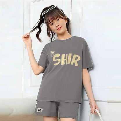 Text Printed Fashion Casual Oversized Round Neck T-shirt & Shorts