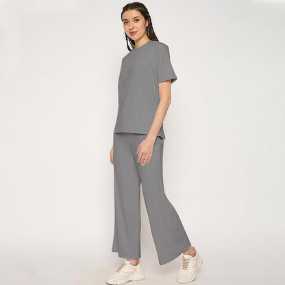 Solid Color Oversized Summer Short Sleeve T- Shirt & Pant for Women