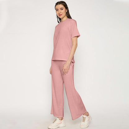 Solid Color Oversized Summer Short Sleeve T- Shirt & Pant for Women