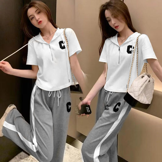 Women Street Fashion Casual Short Sleeve Hooded T-Shirt & Pant