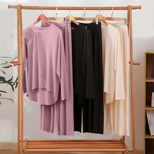Solid Color Summer Casual Full Sleeve T-shirt & Pant Pajama for Women