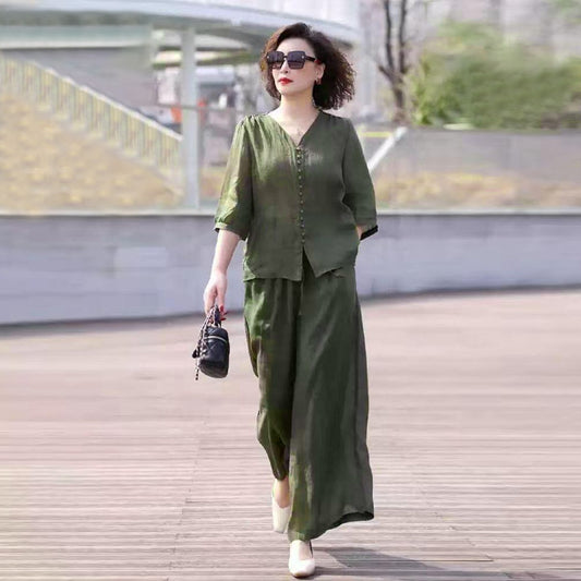 Korean Fashion New Linen Top & Wide Leg Pant for Women