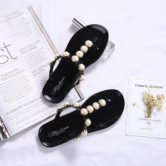 New Flat Rhinestone Pearl Ankle Strap Casual Sandals for Women