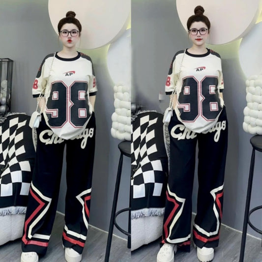 Number Printed Fashion Short Sleeve T-shirt & Pants for Women